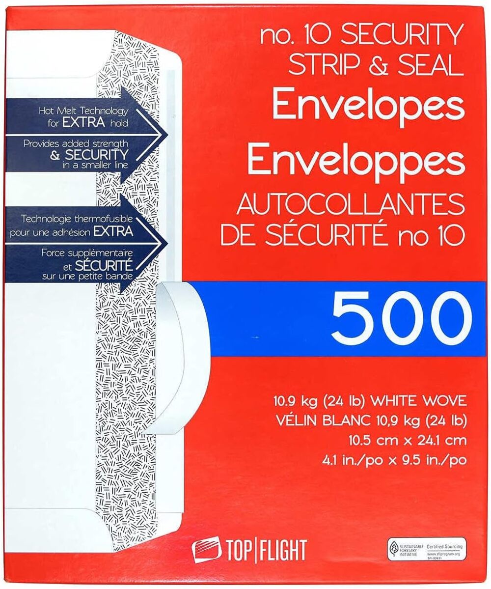 Top Flight PSTF10NWT #10 Envelopes, Strip & Seal, Security Tinted, White, 500 Ct
